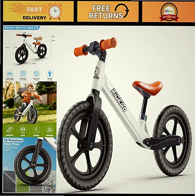 Lightweight 12" Balance Bike for Kids 2-4, Adjustable Seat, Air Tires, Push Bicy